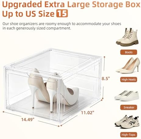 KEFA 8 Pack US 15 XXL Clear Shoe Storage Boxes Stackable, Shoe Organizer Clear Plastic Shoe Boxes, Shoe Case - Image 4