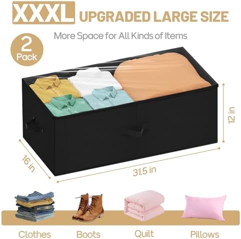 Large Under Bed Storage Containers, 12" Height, 31" Long, 2 Pack, Black - Image 2
