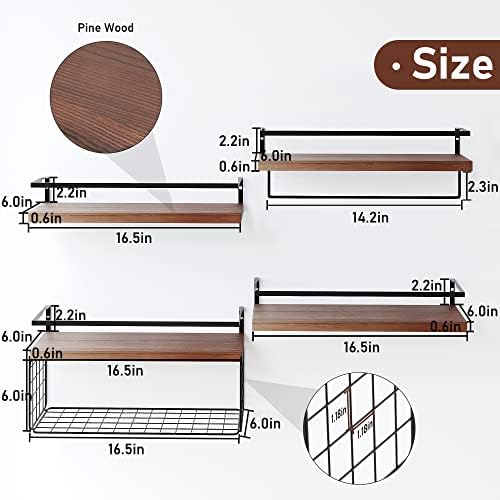 Wood Floating Shelves Wall Mounted - 4+1 Tier Rustic Bathroom Wall Shelves Over Toilet with Wire Storage Basket and Towel Bar, Set of 4 Farmhouse Floating Shelf for Bathroom, Kitchen, Bedroom. - Image 2