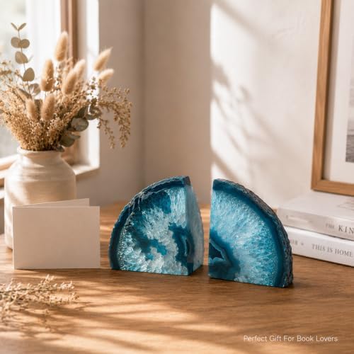 AMOYSTONE Teal Agate Bookends Small Geode Crystal Book Ends for Desk Decor - Image 6