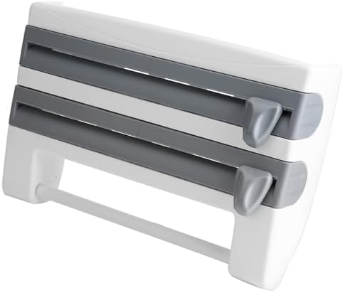 Plastic Wrap Dispenser, Wall Mount Kitchen Sauce Bottle Storage Rack Paper Towel Holder Foil Cling Film Cut Dispenser with Cutter (Grey White) - Image 6