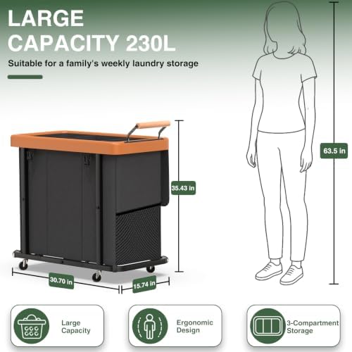 Laundry Hamper 3 Section with Lid,230L Rolling Dirty Clothes Hamper Black - Image 6