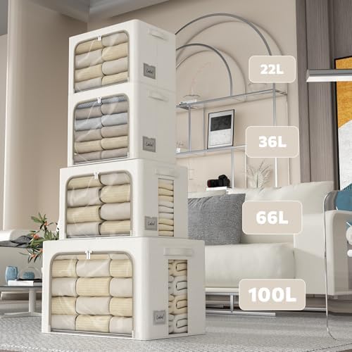 FHSQX 2 Pack Clear Window Storage Bins Large Stackable Linen Fabric Storage for Clothes Foldable Container Organizer Set with Carrying Handles (Lvory White, 23.6x 16.5x 15.7 Inch) - Image 6