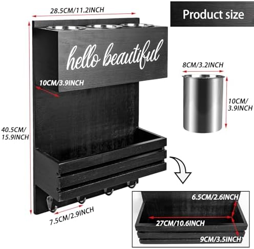 2Tier Black Wooden Hair Dryer Holder Wall-Mounted Organizer - Image 4