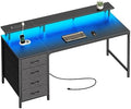 Huuger 55 Inch Computer Desk with Power Outlets and LED Lights, Gaming Desk with 4 Drawers, Office Desk with Monitor Stand, Study Work Home Office, Black by Huuger