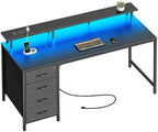 Huuger 55 Inch Computer Desk with Power Outlets and LED Lights, Gaming Desk with 4 Drawers, Office Desk with Monitor Stand, Study Work Home Office, Black by Huuger