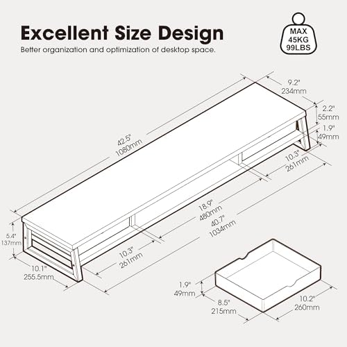 Fenge Dual Monitor Stand Riser, 42.5in Desk Shelf with 2 Drawers, Brown - Image 3