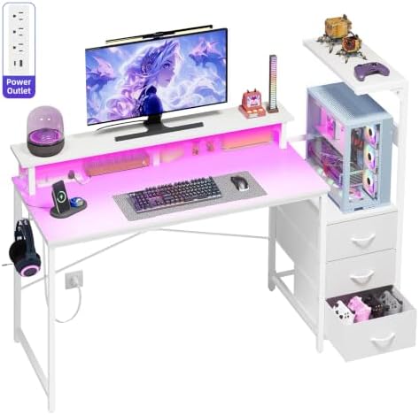 SUPERLELE Gaming Desk with Power Outlet, LED Lights, Storage Shelf & Drawer by Superlele