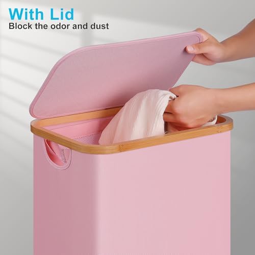 efluky Slim Laundry Basket with Wheels, Narrow Rolling Laundry Hamper with Lid and Removable Bag, Tall Aesthetic Dirty Clothes Hamper on Wheels for Laundry Room, Bedroom, Dorm and Bathroom, 75L Pink - Image 2