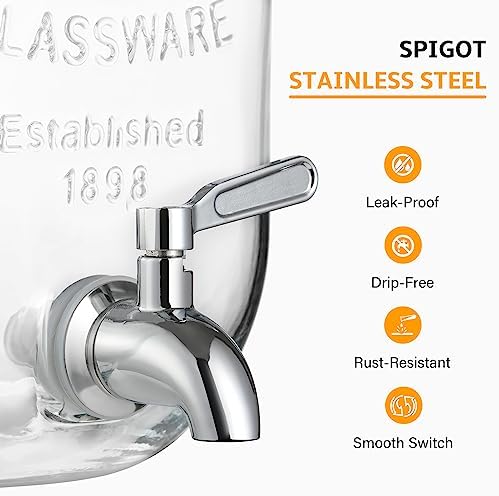 2 Gallon Glass Beverage Dispenser with Stand and Lid, 18/8 Stainless Steel Spigot - Glass Drink Dispensers for Parties - Mason Jar Drink Dispensers with Lids - Image 4