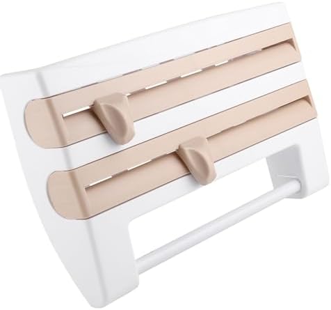 Plastic Wrap Dispenser, Wall Mount Kitchen Sauce Bottle Storage Rack Paper Towel Holder Foil Cling Film Cut Dispenser with Cutter (Khaki) - Image 6