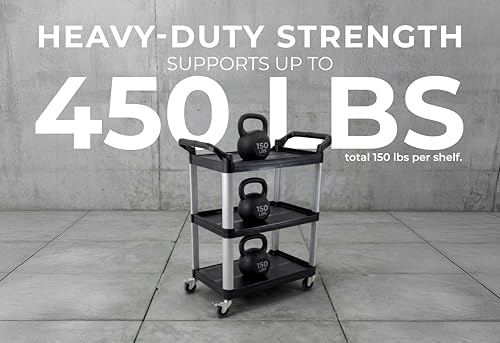 Commercial Heavy-Duty Utility Service Cart | 3 Shelf | | 450 Lbs Max Capacity | Rolling Utility Cart W 33" x H 37" x D 16" Black - Image 2