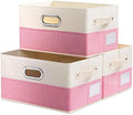 PRANDOM Large Collapsible Storage Baskets for Closet [3-pack] Decorative Fabric Storage Bins Cubes with Leather/Metal Handles for Shelves Bedroom Living Room Pink&Cream (14.9x9.8x8.3 Inch) by Prandom