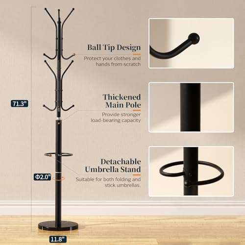 Yoobure Metal Coat Rack Freestanding with Marble Base, Coat Tree with 12 Hooks & Umbrella Holder, Coat Hanger Stand for Corner Entryway Bedroom Office, Heavy Duty Coat Rack Stand for Clothes Hats Bags - Image 5