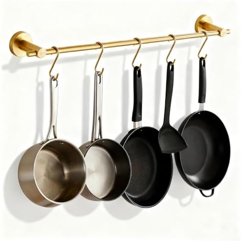 NEWRAIN Pot Rack Wall Mounted, 21 inch Hanging Pot and Pan Hanger, Stainless Steel Kitchen Rail Coffee Mug Rack with 10 S Hooks,Brushed Gold by NEWRAIN