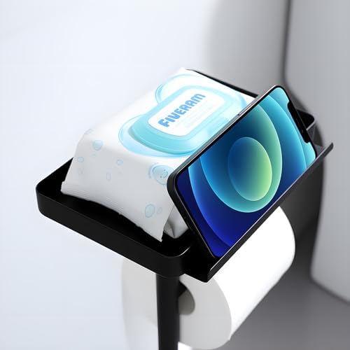 Toilet Paper Holder Stand with Phone Shelf, Rustproof Free Standing Toilet Paper Stand for 4 Rolls, Toilet Roll Dispenser Storages for Phones, Wipe, Wallet and Small Items, Black - Image 2