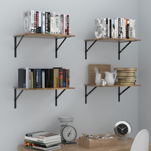Deep Floating Wall Shelves - 4 Sets of 12 Inch Wide Rustic Brown Wood Shelves for Bathroom, Bedroom, Kitchen, Living Room - Image 2