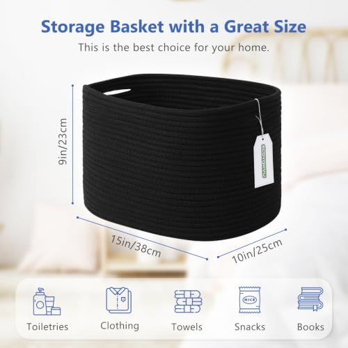 ECDYQXVU 15x10x9 Inch Woven Cotton Rope Storage Basket, Black, 2 Pack - Image 3