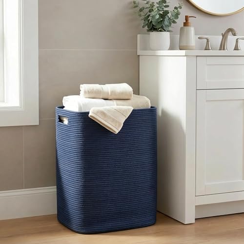 MEGASKET Large Laundry Hamper 16"x13"x22" - Tall Woven Baby Laundry Basket, Cotton Rope Dirty Clothes Hamper Bin, Blanket Storage for Living Room, Nursery Bedroom Aesthetic, Soft Dark Blue Hamper, 75L - Image 6