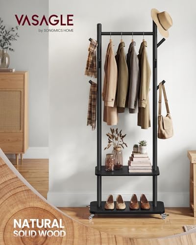 VASAGLE Freestanding Coat Rack with Wheels, 7 Wooden Hooks, 2 Shelves - Image 2