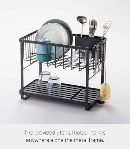 YAMAZAKI Home Tower Two-Tier Adjustable Dish Drainer Rack, Compact Drying Rack with Hooks, Utensils Holder - Steel - - Image 2