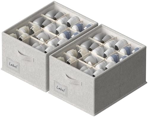 FHSQX 2 Pack Shoe Organizer for Closet,Fits up to 24 Pairs,Fabric Shoe Storage Bins,Large Shoe Box Storage Containers with Bottom Support for Shoes (Gray, (16.5 * 12.6 * 9.5) x1) by FHSQX