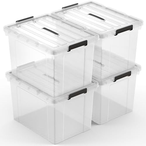 Lifetime Appliance Parts 4 PACK 91 Qt. Plastic Storage Bin Tote Organizing Container with Ultra Durable Lid & Secure Latching Buckles Stackable Extra Strength Clear w/Black Handle by LifetimeApplianceParts