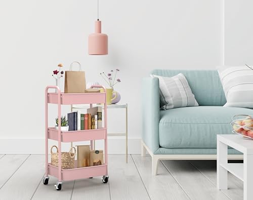 CAXXA 3-Tier Rolling Metal Storage Organizer - Mobile Utility Cart with Caster Wheels, Pink - Image 2