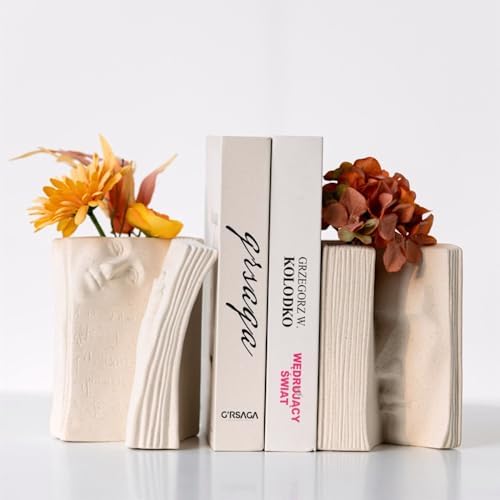Heavy Bookend Vases for Shelves - Decorative Ceramic Bookend and Flower Vase, Unique Cream White Matte Finish, Aesthetic Home Office Library Decor, Set of Two w/Over 6 Inch Height by NouvoCrescent
