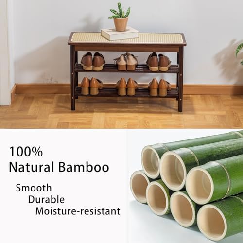 latifolia Shoe Rack Bench, 3-Tier Bamboo Shoe Bench with Breathable Rattan Seat Cushion, Shoe Storage Rack for Entryway(Walnut,31.50''L) - Image 3