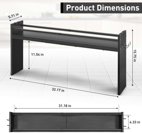 Spice Rack Shelf for Kitchen Stove, Over The Stove Shelf with 4 Hooks, Premium Wood & Metal Commbined Spice Rack Organizer Extra Storage Countertop (Black) - Image 2