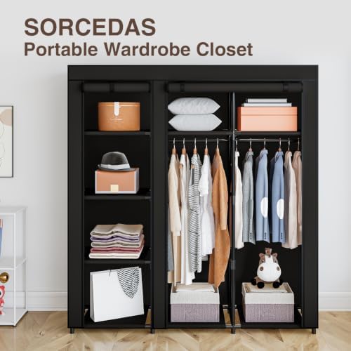SORCEDAS Portable Closet Wardrobe with Hanging Rods Shelves Clothes Storage - Image 5