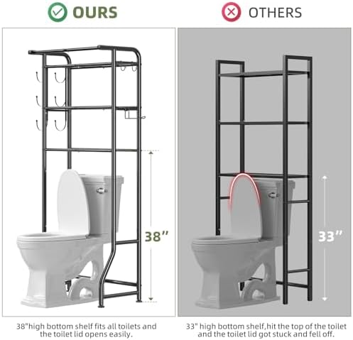 Simple Trending Over The Toilet Storage Cabinet, Metal Bathroom Shelf Organizer with Paper Holder and Hooks, 3 Tier, Black - Image 2