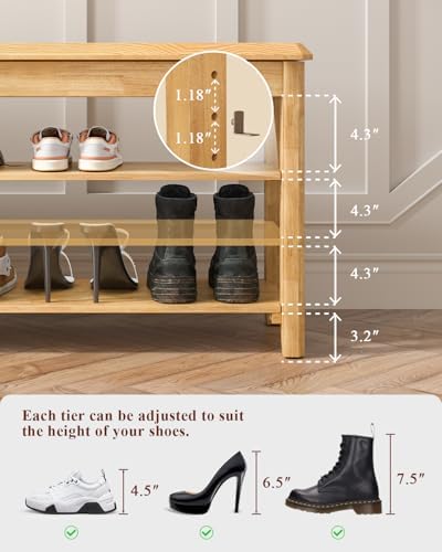 IUNVR Shoe Rack Bench Seat Rubberwood 3-Tier Wooden Storage Bench 550lbs Compact Mid-Century Modern Design for Entryway, Hallway, Closet, Front Door Entrance, Foyer - Image 3