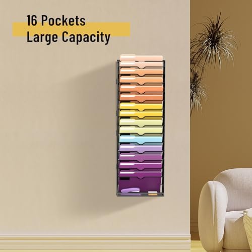 SUPEASY 16-Tier Hanging Wall File Holder Organizer for Papers, Folders, Files Clipboard & Magazine Organization Great for Office Home, Assembly Needed, Black - Image 2