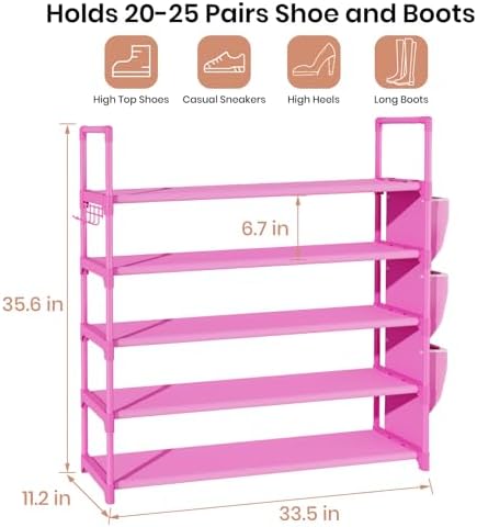 VILICK Shoe Rack for Closet Shoe Organizer Space Saver Storage for 20-25 Pair Shoe Shelf with Hook and Side Pocket Free Standing 5 Tier Shoe Rack Organizer for Entryway,Small Spaces, Pink - Image 3