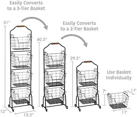 Mikasa Gourmet Basics Ferme 4-Tier Market Basket - Antique Black Wire and Acacia Wood Handle, Kitchen Fruit Vegetable Storage Organizer, 13.5 x 11.5 x 51 Inches - Image 3
