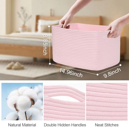 Baskets for Organizing,Storage Baskets,3 Pack Baskets for Shelfves,15"×10"×9" Woven Pink Basket,toy storage bins,bins for organization - Image 4