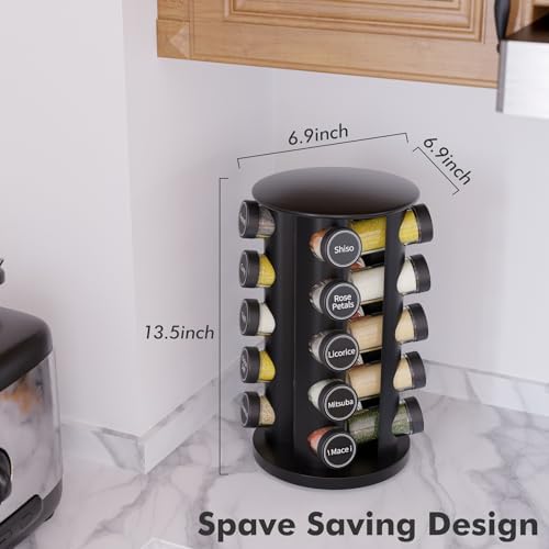 New England Stories Revolving Spice Rack Set with 20 Spice Jars, Kitchen Spice Tower Organizer for Countertop or Cabinet - Carousel Storage Includes 386 Spice Labels (Black) - Image 4