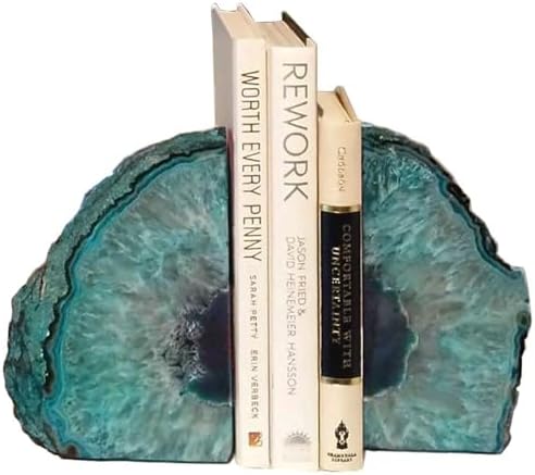 Agate Geode Bookends Heavy Duty Teal Crystal Stone Book Holders Decorative by AMOYSTONE%C2%AE