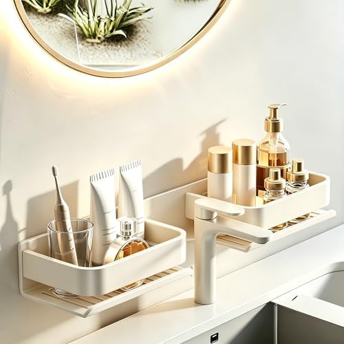 Inch Over the Sink Bathroom Shelf Organizer, No-Drill Countertop Caddy for Toiletries & Skincare, Rust-Proof Carbon Steel & Aluminum, Fits Most Faucets (Cream, 23.62inch) by Unknown