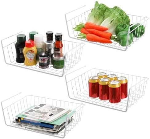 Tebery 4 Pack White Under Shelf Wire Basket Hanging Storage Baskets, Under Cabinet Add-on Storage Racks Slide-in Baskets Organizer for Kitchen Pantry Desk Bookshelf by Tebery
