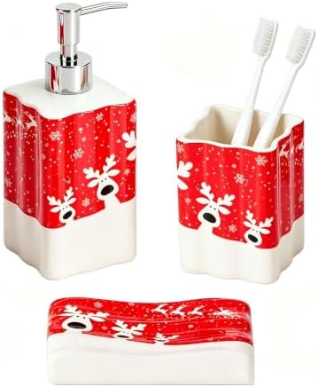 Christmas Reindeer Bathroom Accessories,3-Piece Ceramic Bathroom Accessory Set with Soap Dish, Dispenser, and Tumbler, Red by TCQMSS