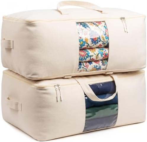 Odonata Soft Thick Cotton Canvas Storage Bags, Foldable Zipper Totes with Clear Window & Dual Handles, Under Bed Organizer for Bedding Blankets Pillows Clothes. (Natural Beige, Large-2pack) by Odonata