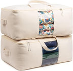 Odonata Soft Thick Cotton Canvas Storage Bags, Foldable Zipper Totes with Clear Window & Dual Handles, Under Bed Organizer for Bedding Blankets Pillows Clothes. (Natural Beige, Large-2pack) by Odonata