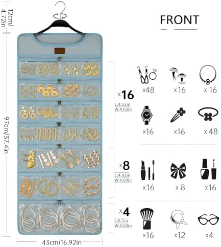 SMRITI Hanging Jewelry Organizer with Dual Zippered Pockets Canvas Double Sided Rotating Hanger Necklace Hanging Wall Organizer Earring Dustproof Holder Wall Mount Accessories Display Bag(Light Blue) - Image 5