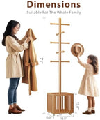 Solid Wood Freestanding Coat Rack with 10 Adjustable Hooks, Storage Basket and Lockable Casters, Organizes Hats, Clothes and Bags for Entryway, Bedroom, Living Room - Image 2