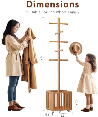 Solid Wood Freestanding Coat Rack with 10 Adjustable Hooks, Storage Basket and Lockable Casters, Organizes Hats, Clothes and Bags for Entryway, Bedroom, Living Room - Image 2