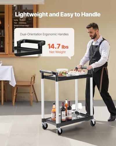 VEVOR Utility Cart, 300 lbs Load Capacity, 2-Tier Utility Plastic Cart with 360° Swivel Wheels (2 with Brakes), 24.4 x 16.1-inch Food Service Cart for Warehouse, Office, Home, Restaurant, Kitchen - Image 6