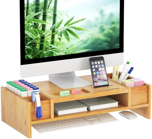 Ufine Bamboo Monitor Stand with Storage Compartments Small Desk Organizer by Ufine